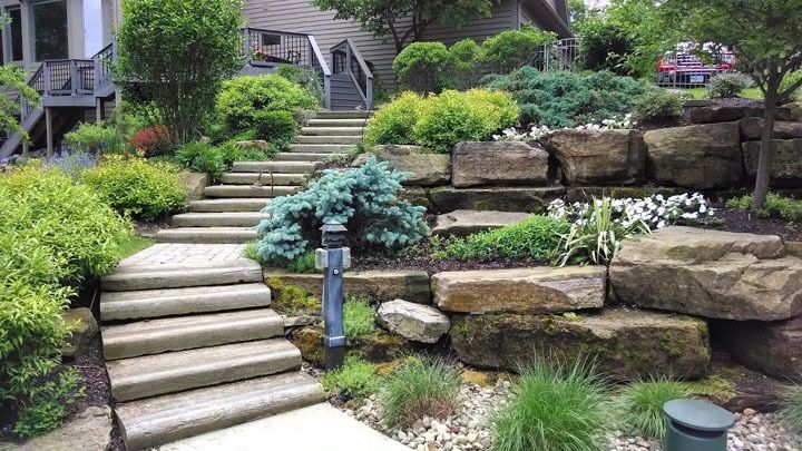 A set of stairs leading up to a house surrounded by rocks and plants.