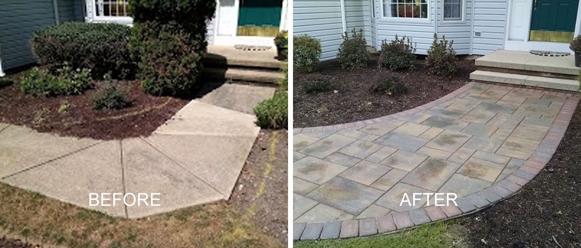 A before and after picture of a sidewalk in front of a house.