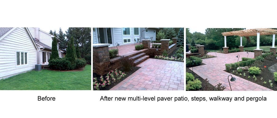 A before and after picture of a house with a brick walkway