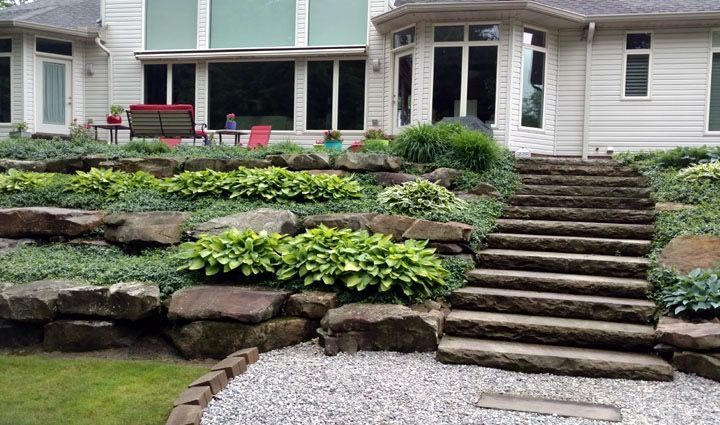 There are stairs leading up to a house in the backyard.