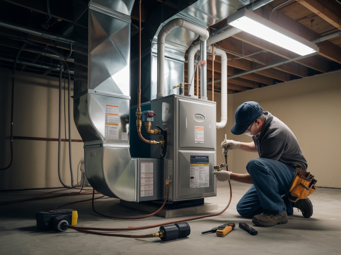 HVAC technician kneeling, working on a furnace in a basement. He's wearing a cap and holding tools.