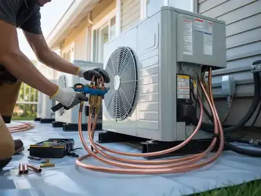 HVAC technician soldering copper refrigerant lines to an outdoor air conditioning unit.