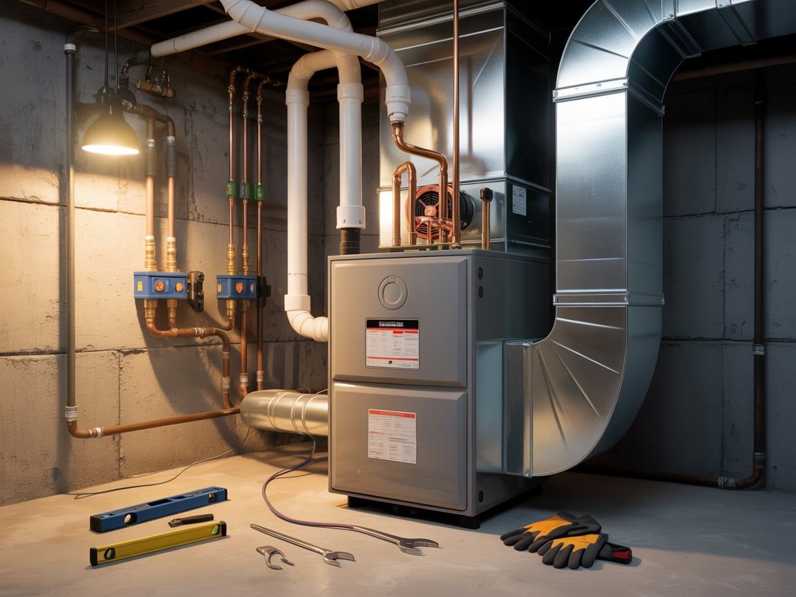 Furnace in a basement; HVAC system with ducts, pipes, tools, and gloves.