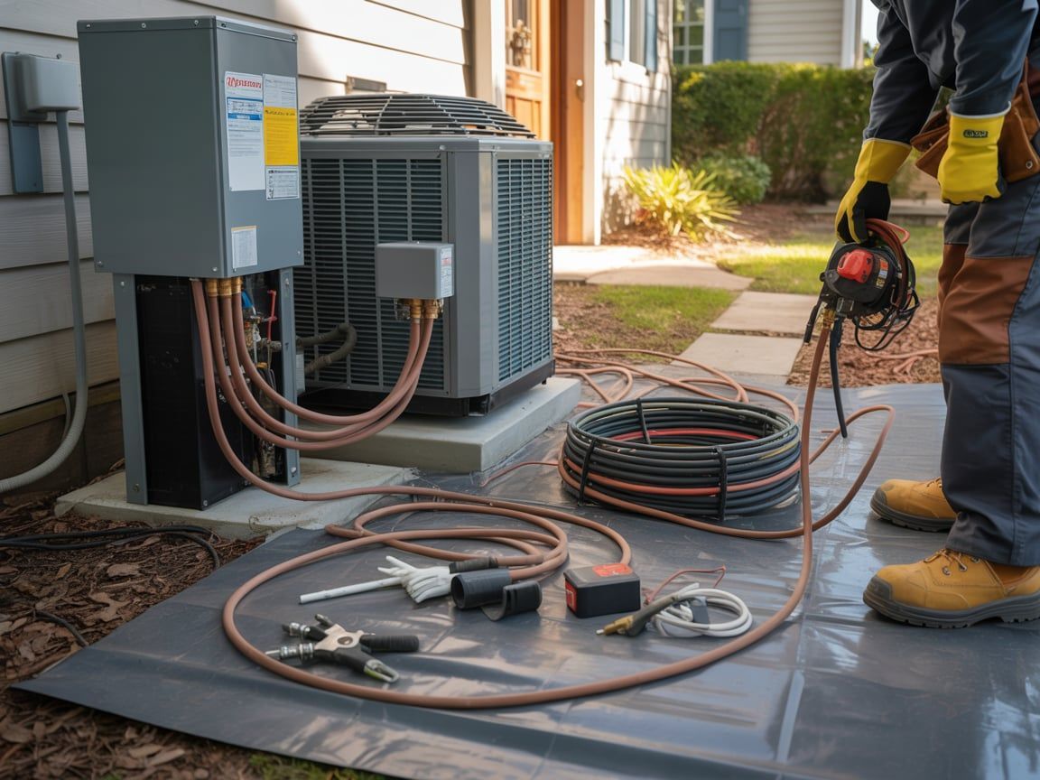 HVAC technician installing an air conditioning unit outside a house; tools and cables visible.