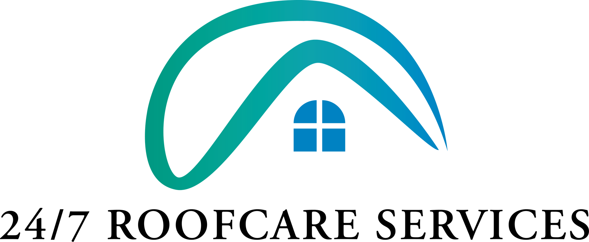 Logo for 24/7 Roofcare Services featuring a teal/green roof shape with a blue window and text below.