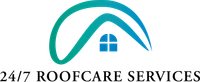 Logo for 24/7 Roofcare Services featuring a teal/green roof shape with a blue window and text below.