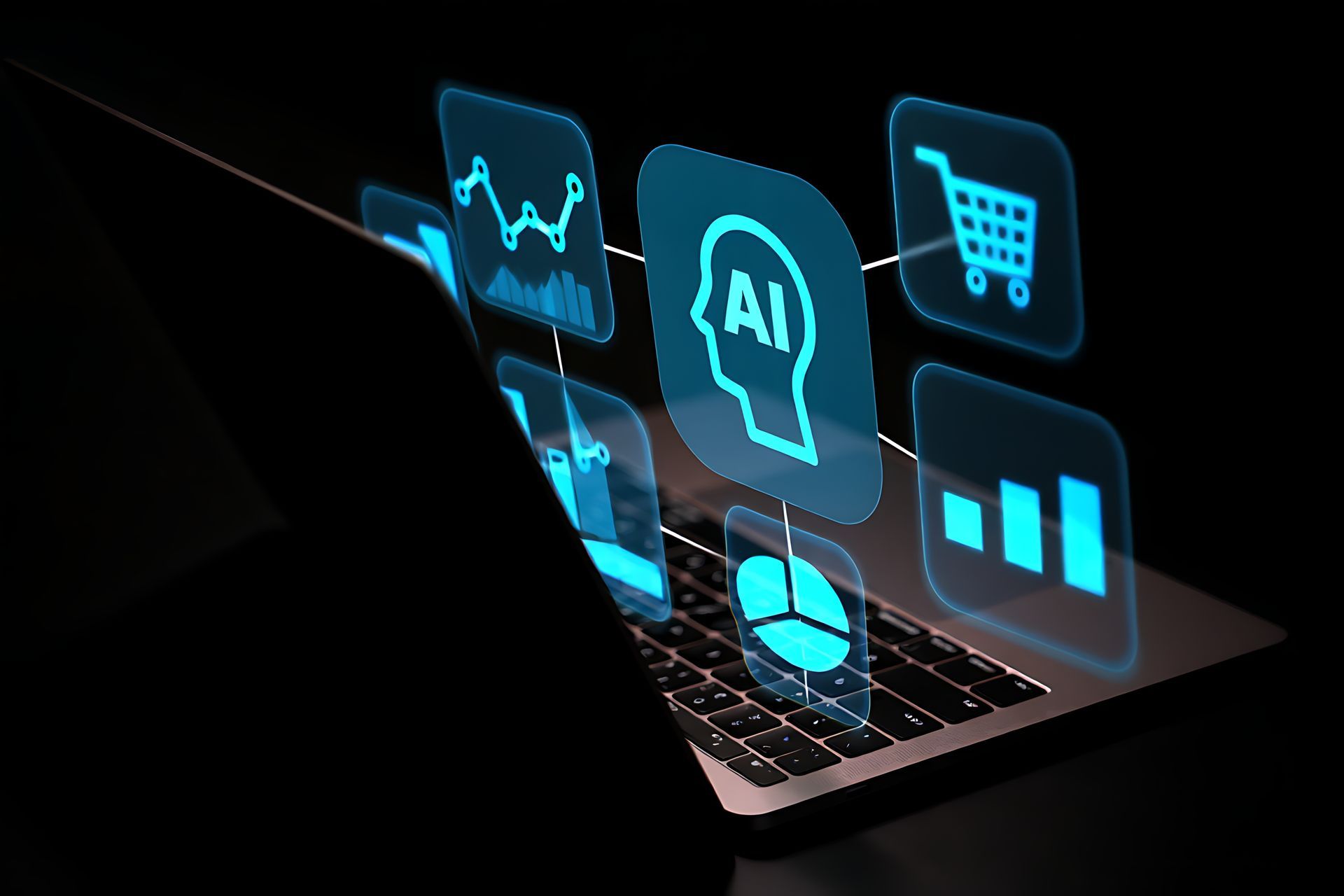 Laptop with glowing blue AI and data icons.