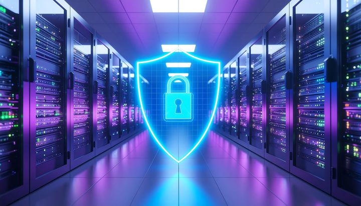 Data center with neon blue shield and padlock overlaid; security concept.