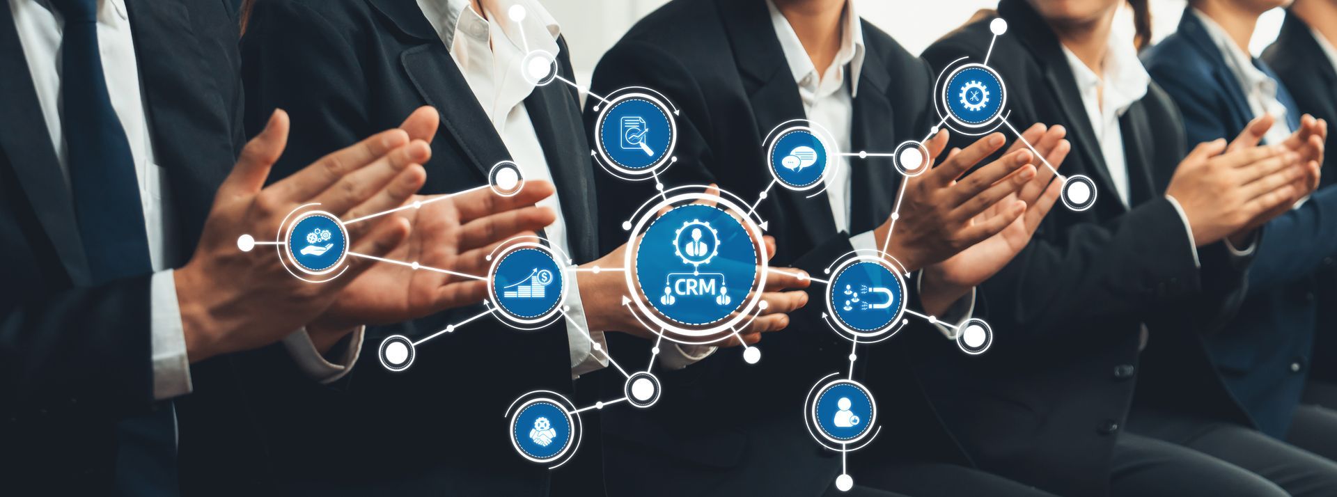 HR, CRM, and Payroll icons connected by colorful cables, representing integrated systems.