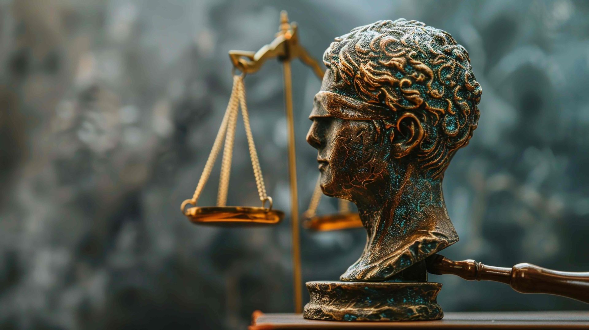 A bust of the figure of blindfolded Justice near a set of legal scales near Campbellsville, Kentucky (KY)