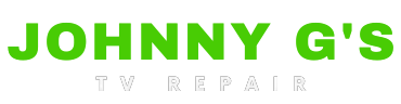 A green and white logo for johnny g 's tv repair