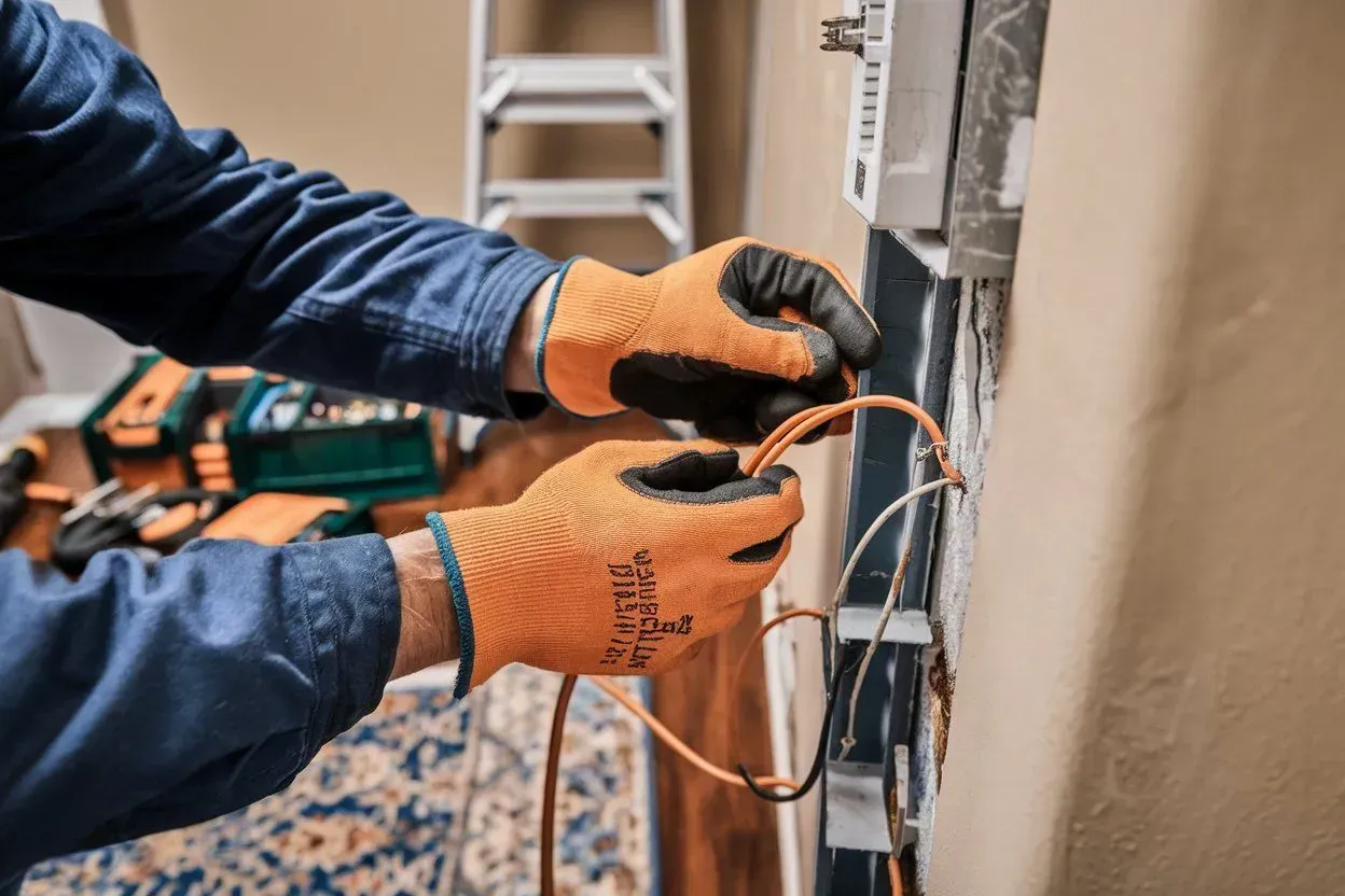 Gloved hands wiring a wall outlet in a home renovation, with orange-and-black tools nearby