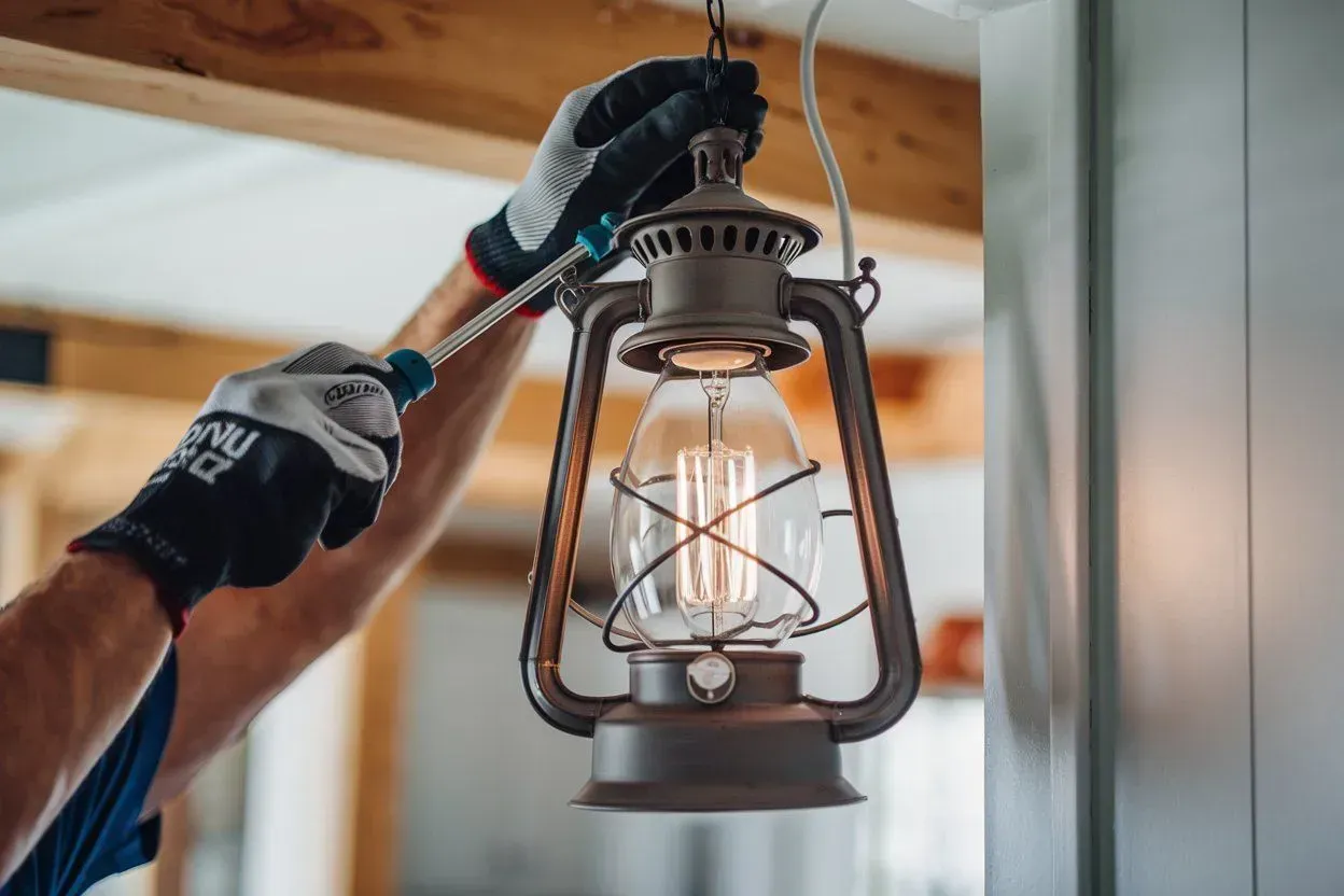 Gloved hands installing a hanging lantern light fixture indoors