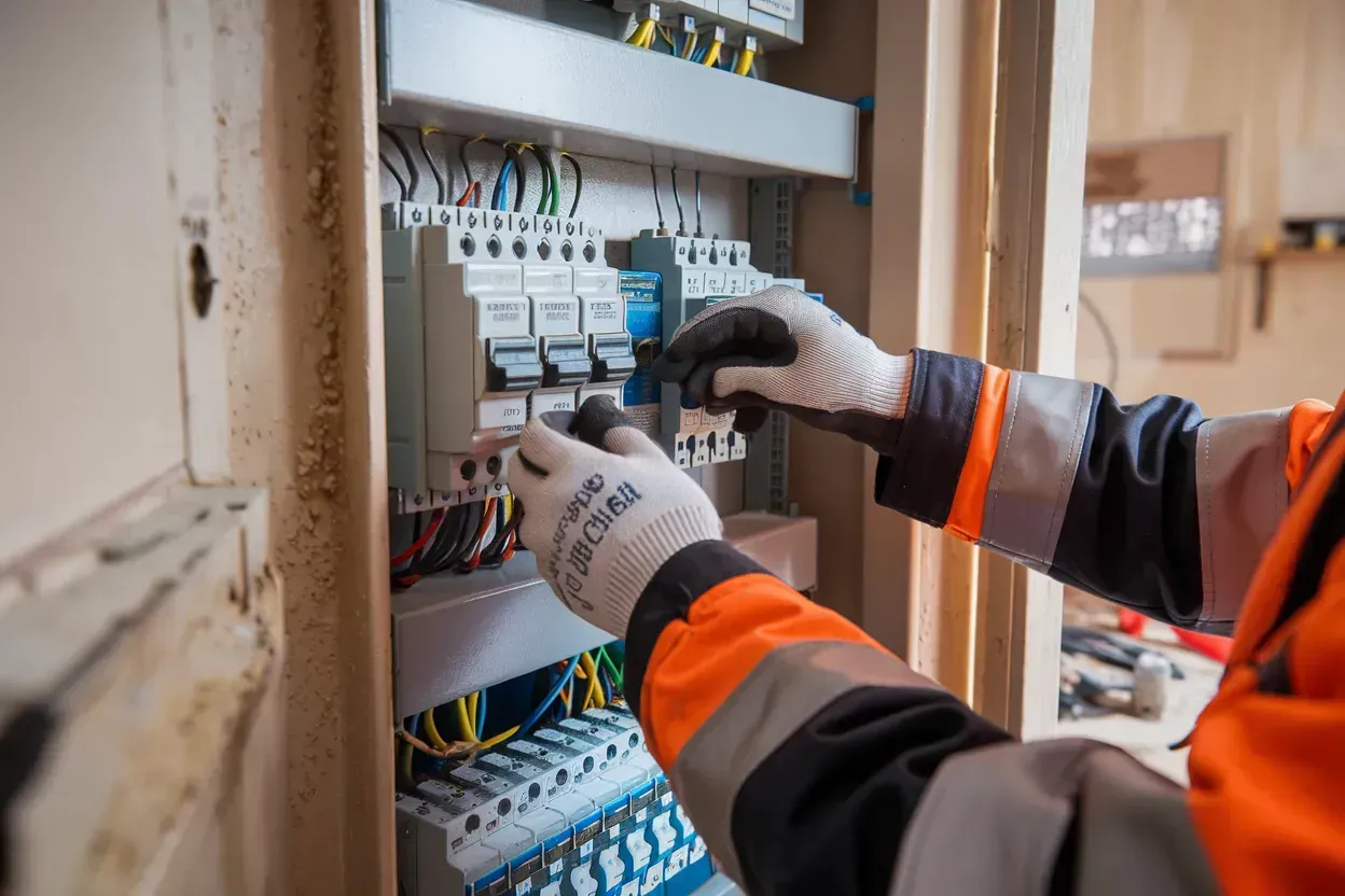 Electrician in orange safety gear wiring a circuit breaker panel indoors.