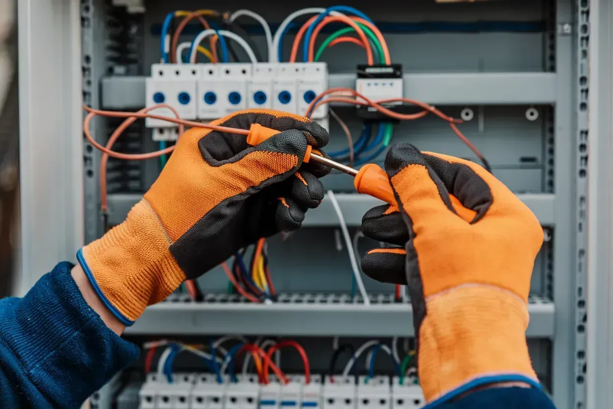 Technician in orange gloves wiring an electrical control panel with multicolored cables