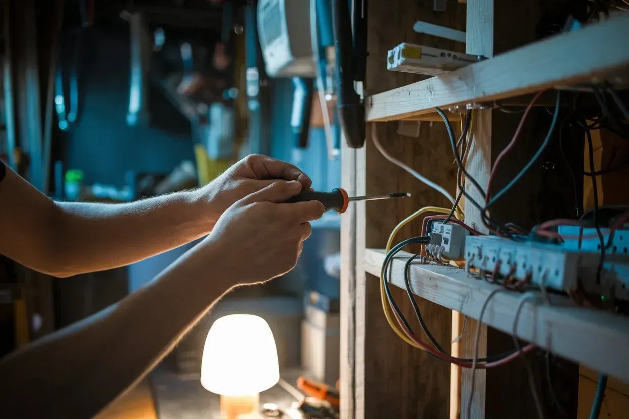 Hands repairing tangled wiring inside an electrical panel under a workbench light