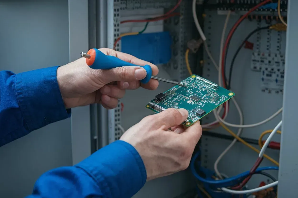 Hands in blue sleeves holding a circuit board and screwdriver inside an electrical cabinet