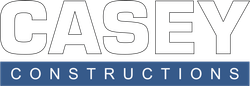 The logo for casey constructions is blue and white
