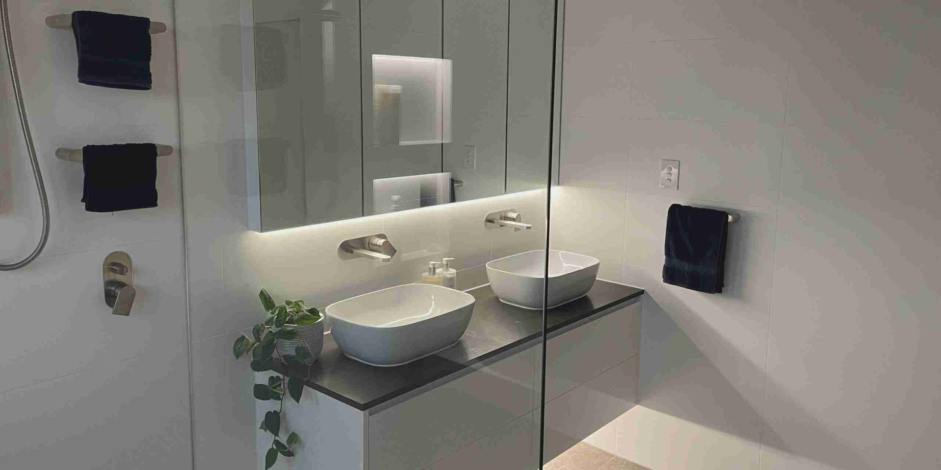 A bathroom with two sinks and a walk in shower.