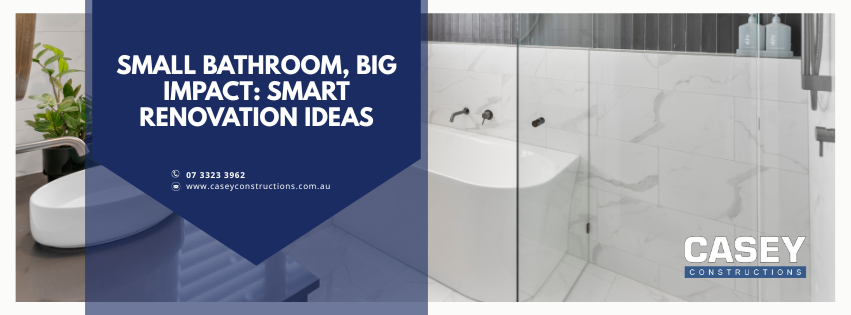 Banner for bathroom renovation ideas: Small bathroom with white bathtub and marble walls.