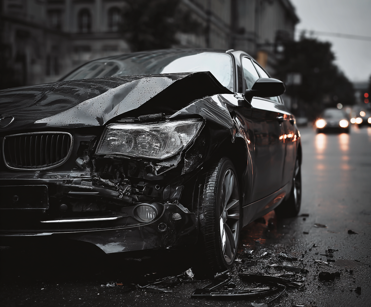 Black car damaged in accident on a wet city street; debris scattered.