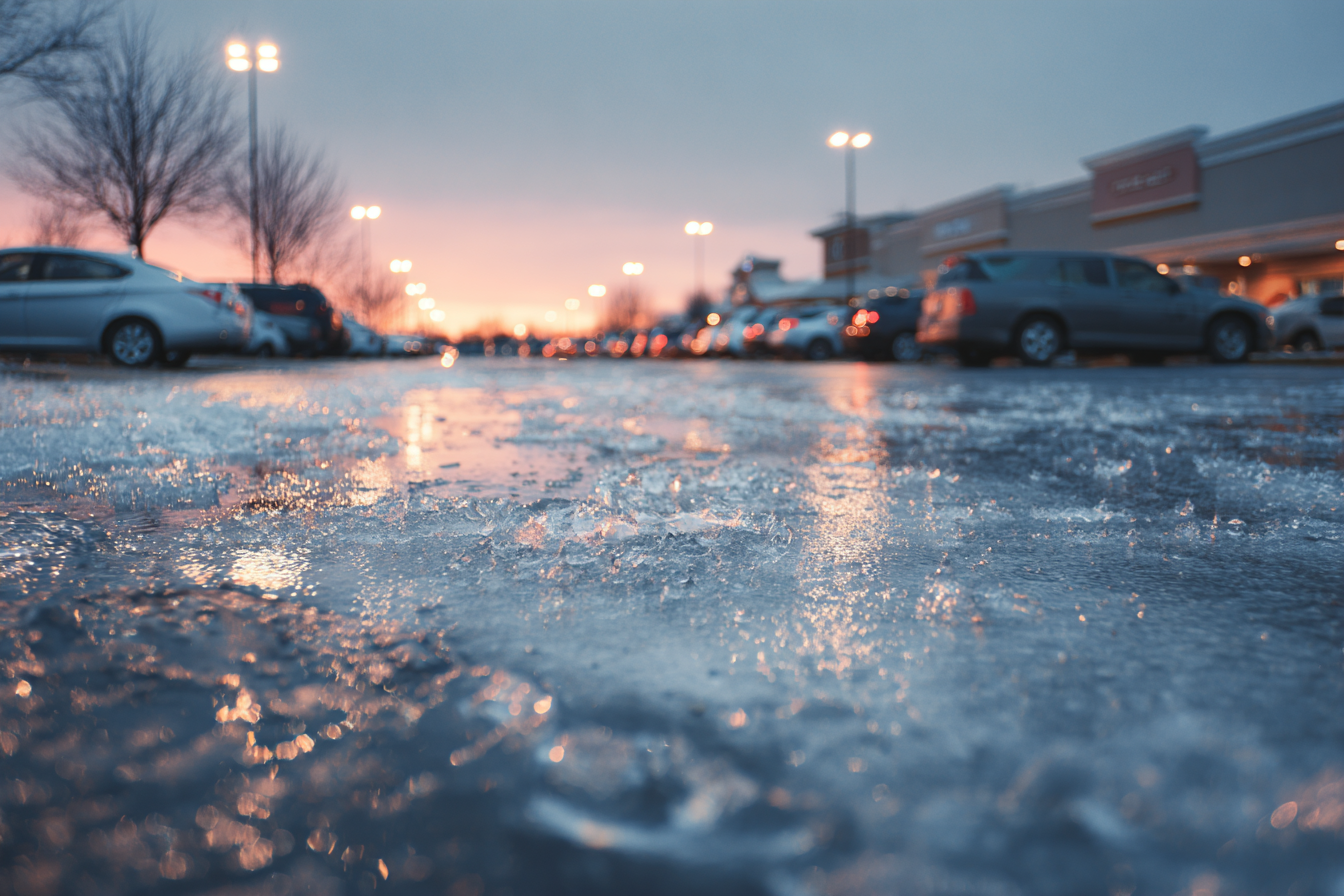 retail parking lot covered in ice