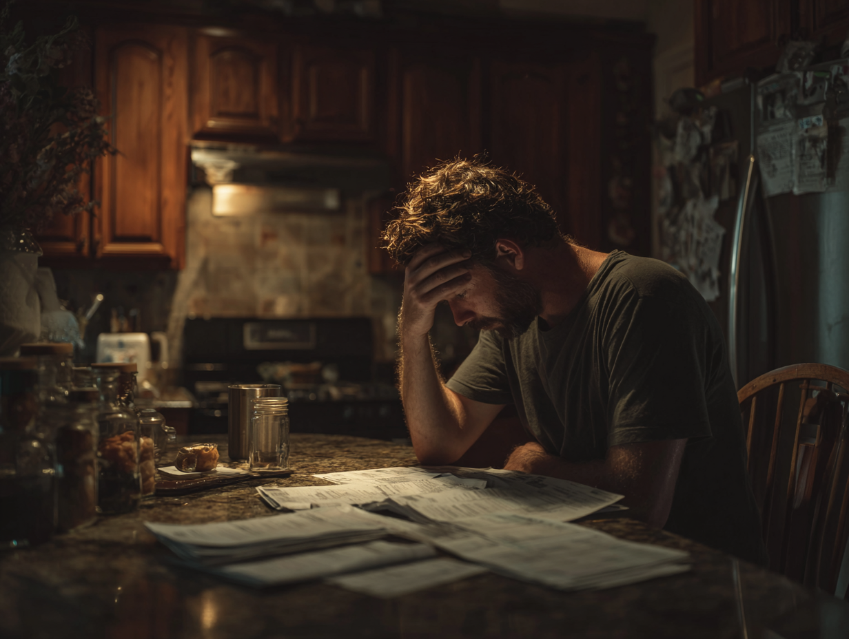 Man with head in hand, in a dim kitchen, looking at papers.