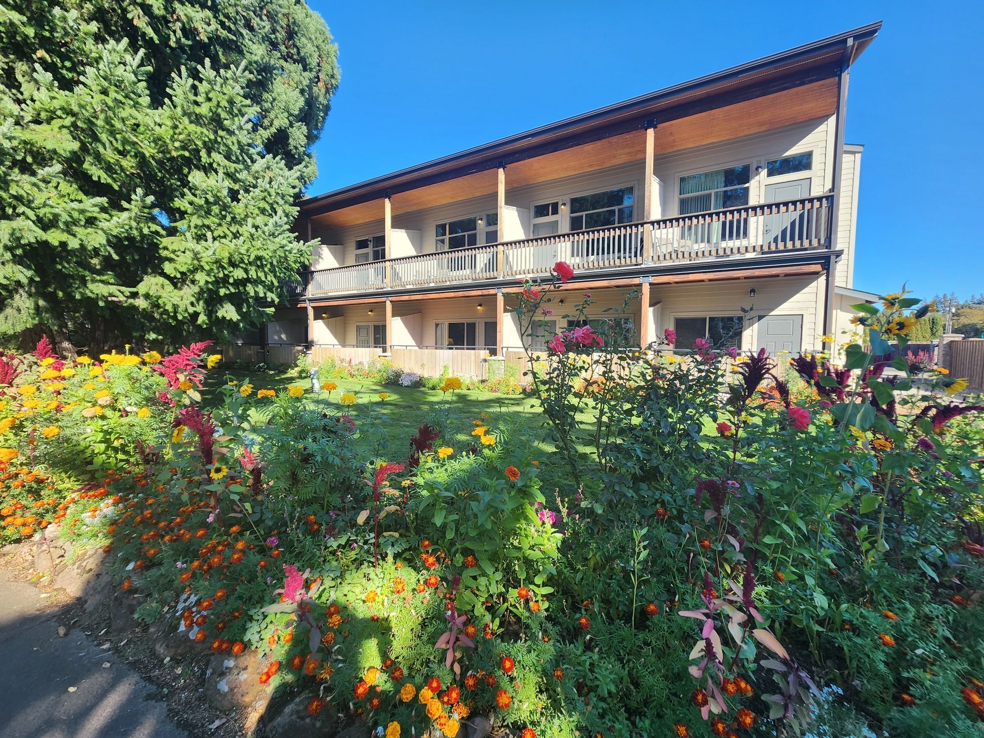 Two-story building with balconies, surrounded by a garden of flowers on a sunny day.