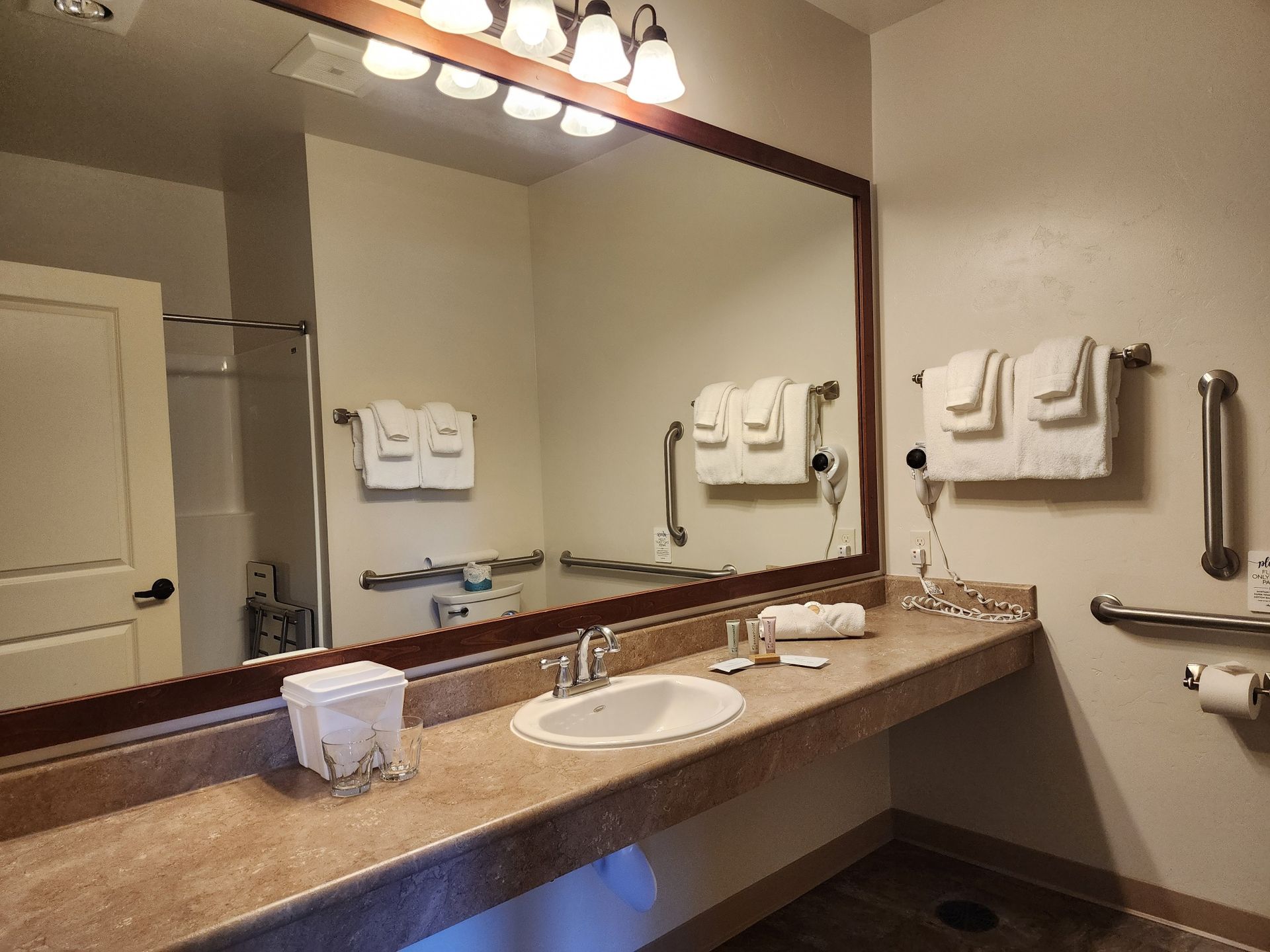 Bathroom with accessible sink, large mirror, grab bars, and towels.