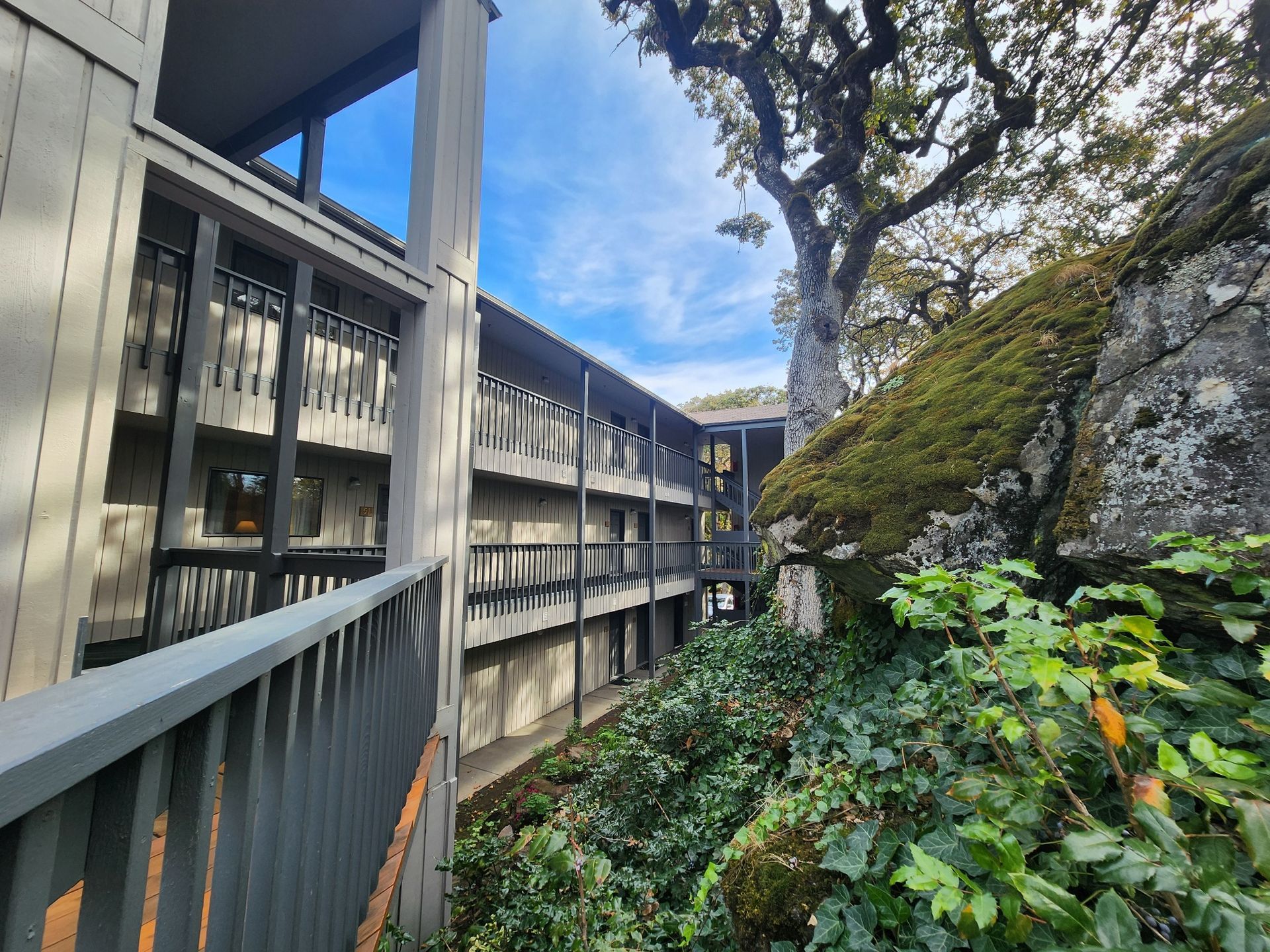 Multi-story building with gray siding and railings, next to a large moss-covered rock and greenery under a blue sky.