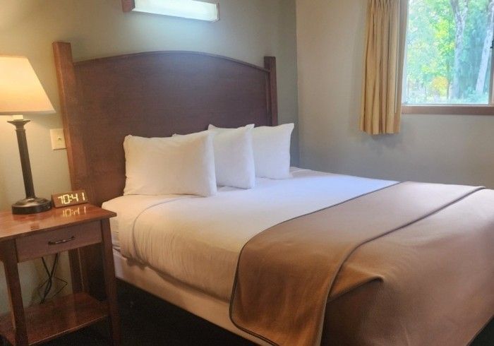 Bedroom with a bed, nightstand, lamp, and window with curtains; neutral colors.