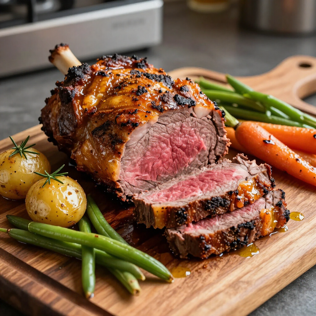 A sliced, medium-rare roast with a glazed crust on a wooden board with green beans, baby potatoes, and roasted carrots.