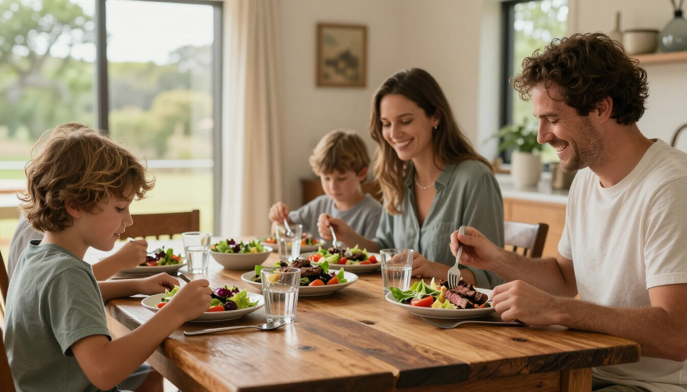 Happy Australian family enjoying a healthy steak dinner at a rustic wooden table
