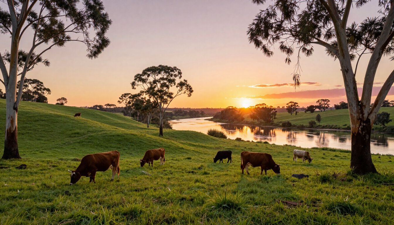 Healthy Angus cattle grazing by the Hawkesbury River