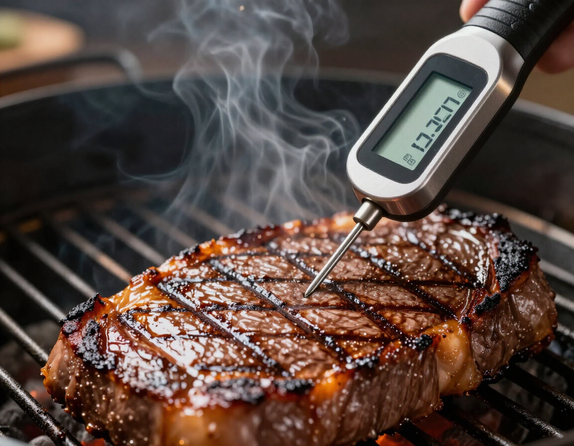 Digital thermometer in a steak