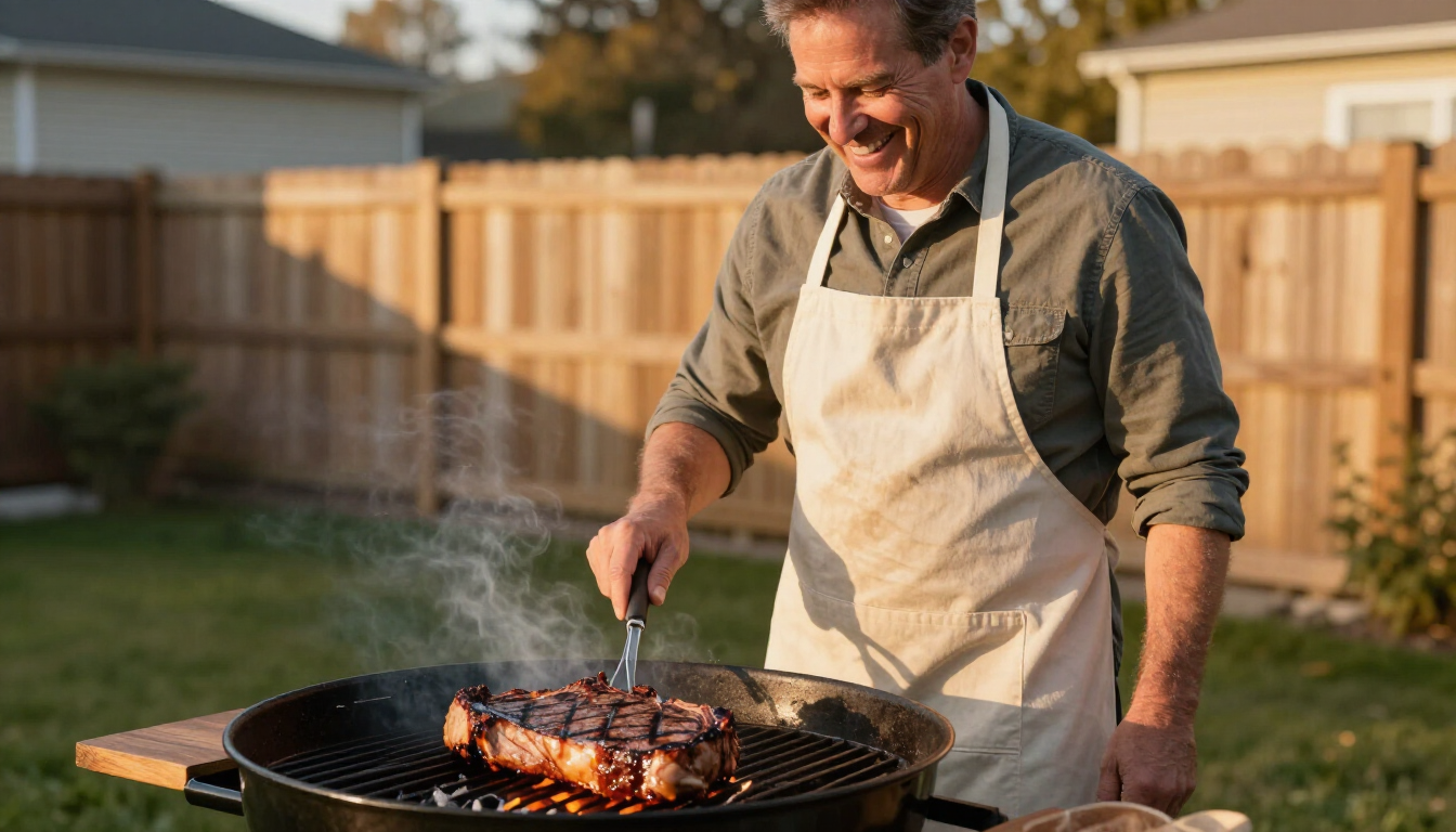 A dad grilling steaks at sunset