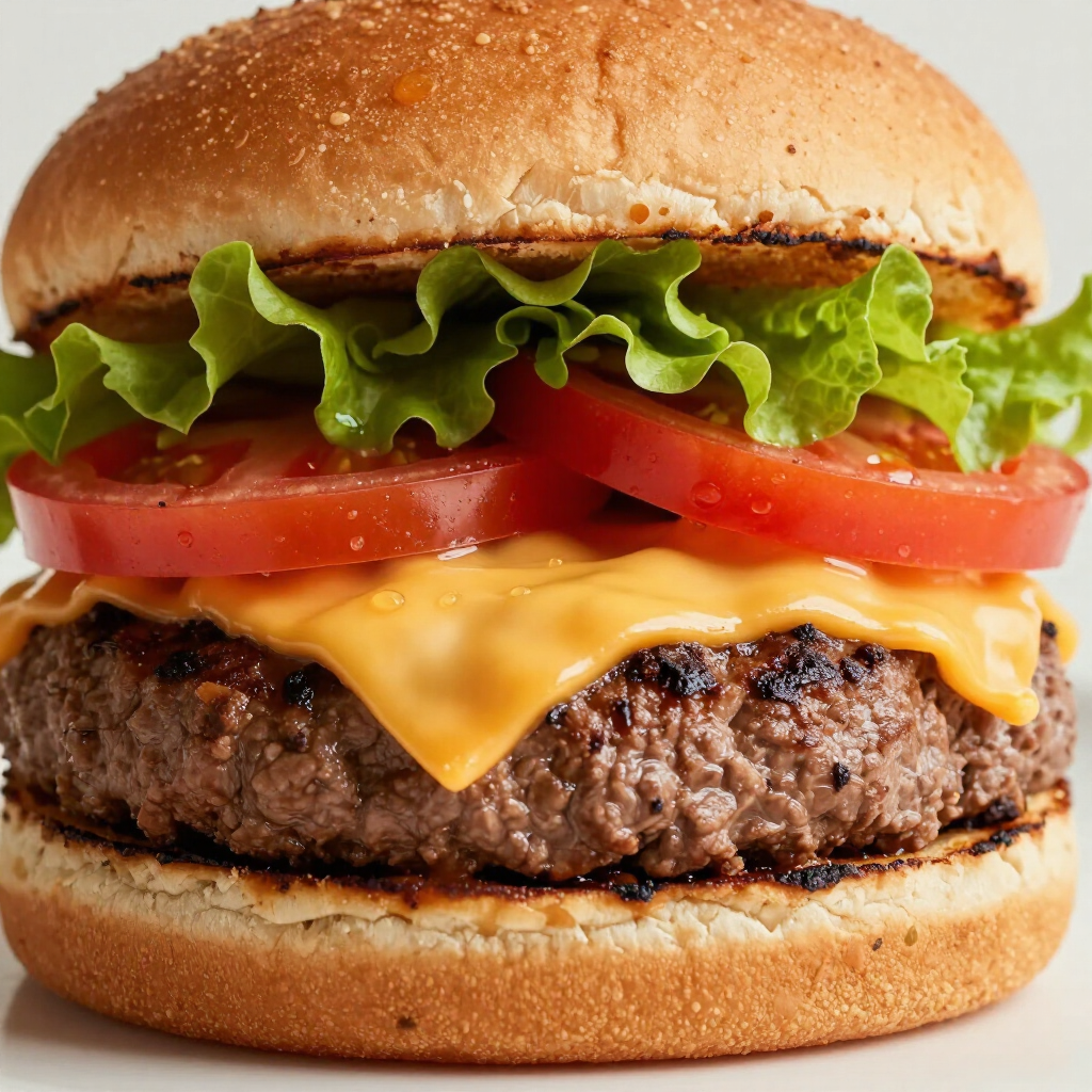 A cheeseburger with lettuce and tomato slices between two toasted buns, centered against a white background.