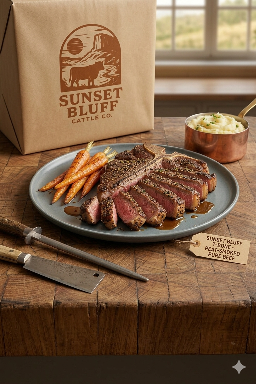 Sliced steak with carrots and mashed potatoes on a wooden table, next to a Sunset Bluff Cattle Co. branded bag.