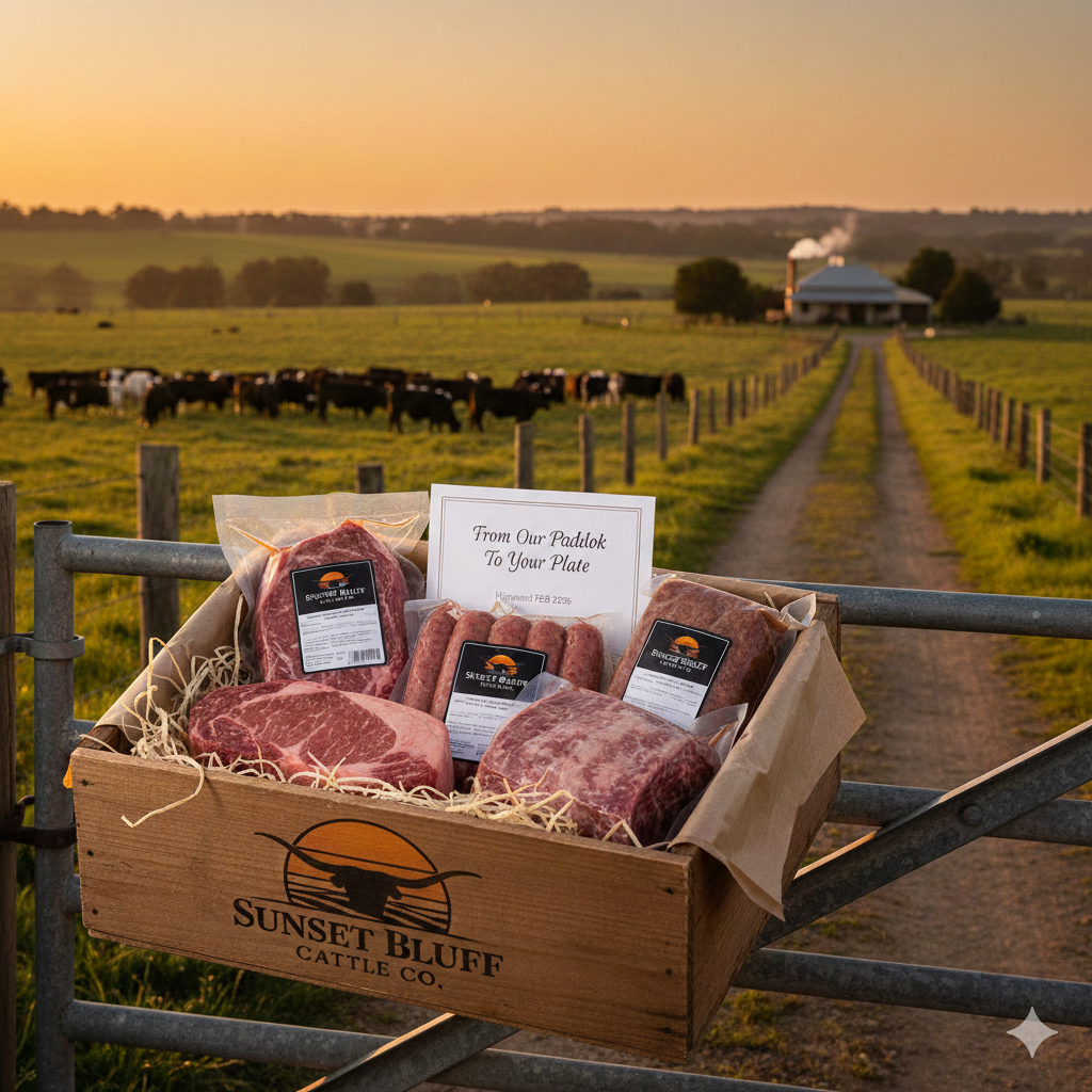 A wooden crate of Sunset Bluff Cattle Co. beef products sits on a farm gate, overlooking a grazing herd at sunset.