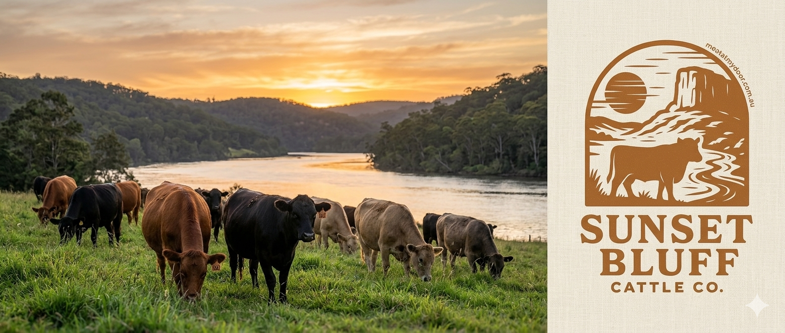 A brown logo featuring a cow standing near a river and cliff at sunset, with the text