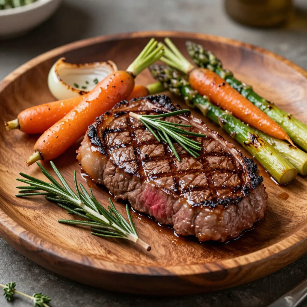 A grilled steak garnished with fresh rosemary on a wooden plate, served with roasted carrots, asparagus, and an onion.
