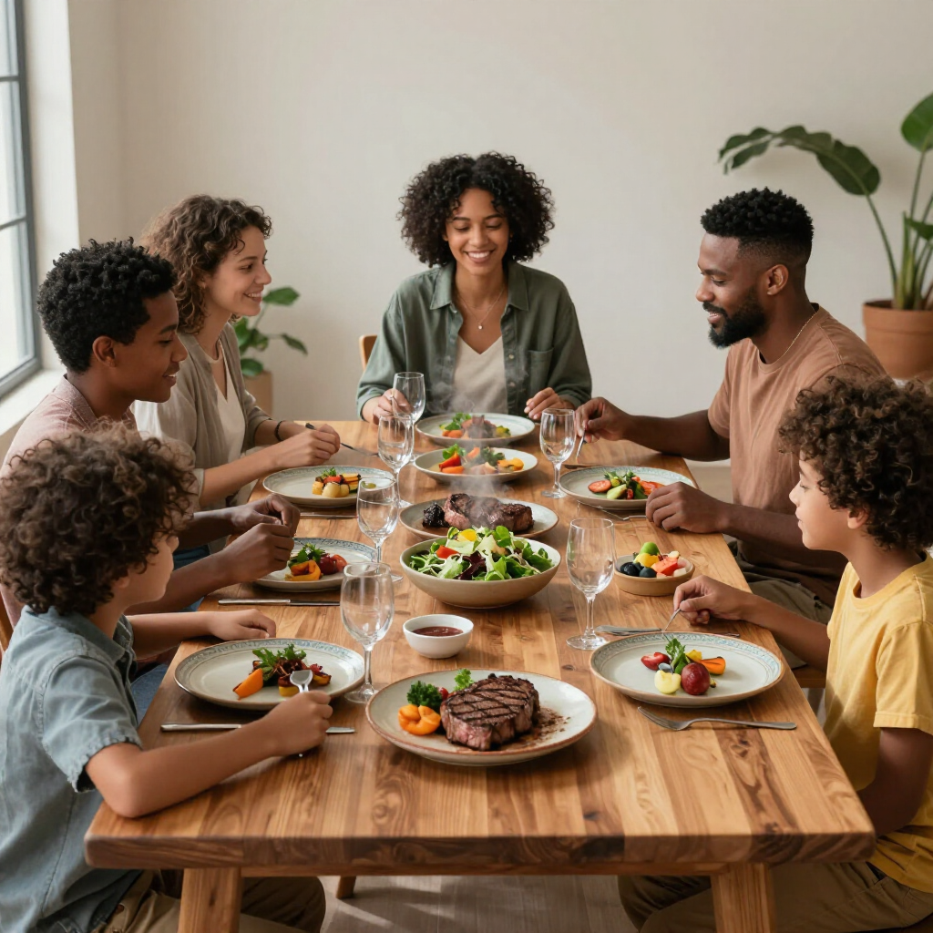 A diverse group of people sitting around a wooden dining table enjoying a meal together in a bright, modern room.