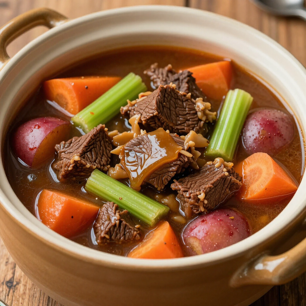 A ceramic bowl filled with beef stew containing chunks of meat, carrots, celery, and red potatoes in a brown broth.