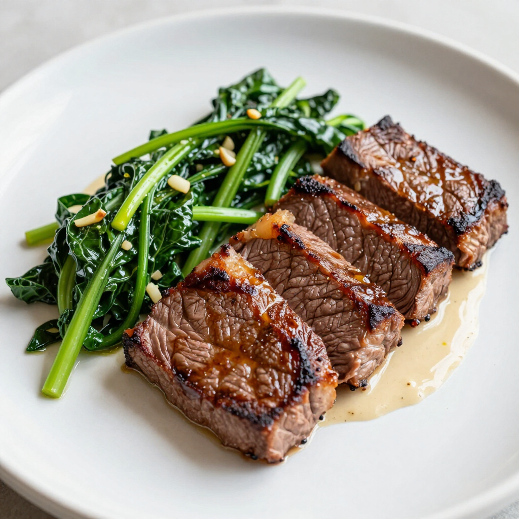 Four slices of seared steak arranged next to a serving of sautéed greens with pine nuts on a white plate.