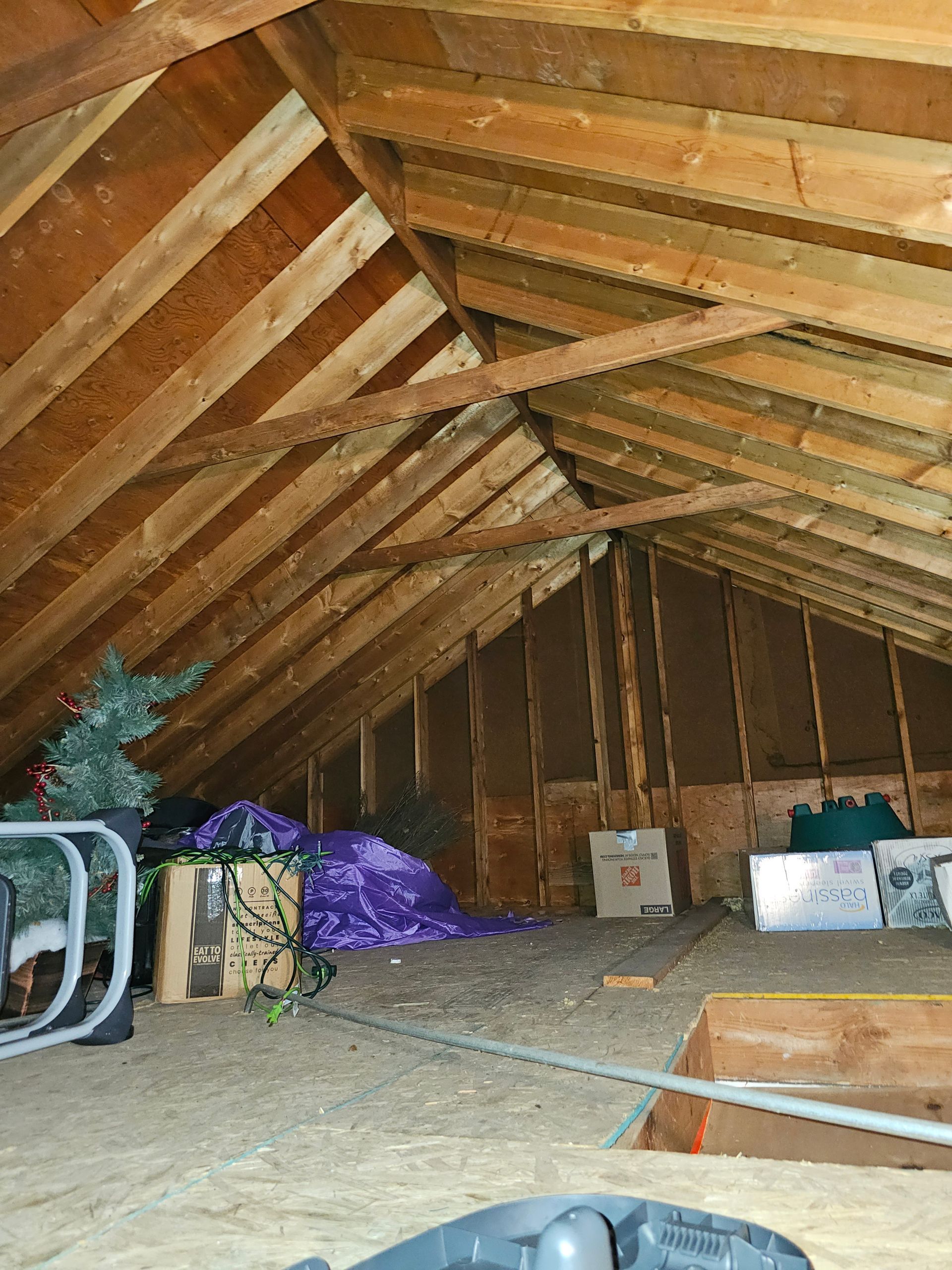 A wooden attic with a vacuum cleaner on the floor