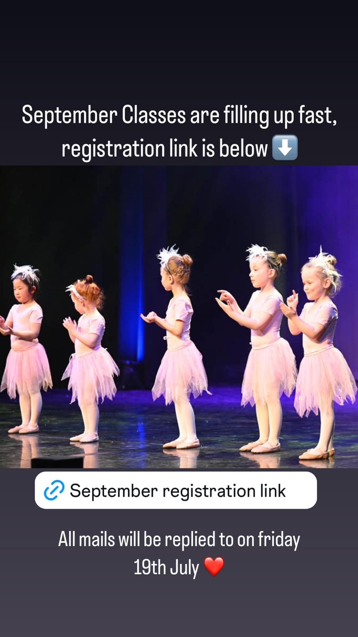 Five dancers in pink tutus stand on a stage with a registration link for September classes below them.