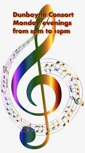 A treble clef with a rainbow gradient featuring musical notes and text reading: 