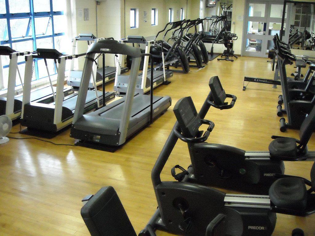 A bright gym interior featuring rows of treadmills, stationary bikes, and elliptical machines on a light wooden floor.