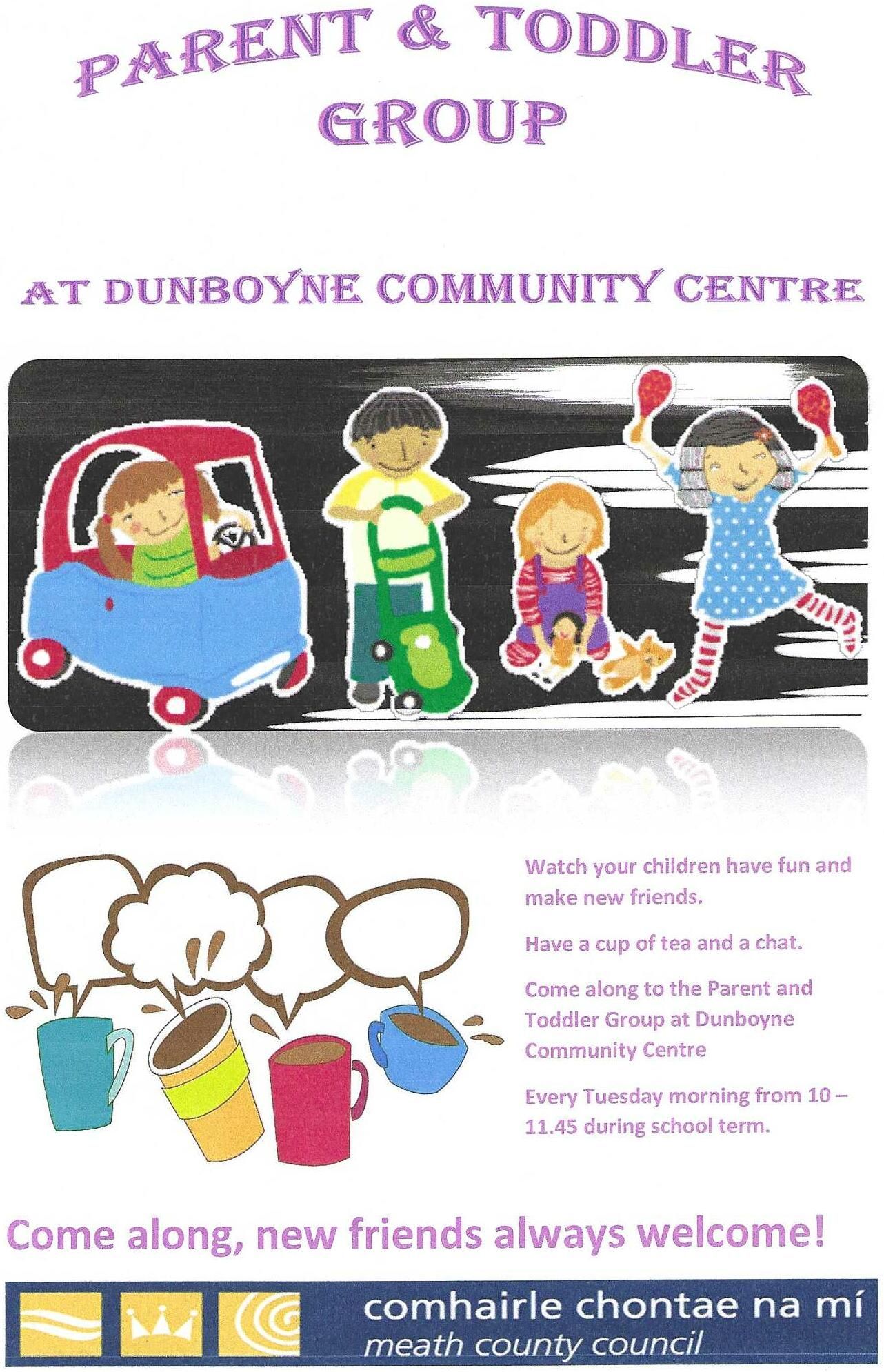 Flyer for a Dunboyne Community Centre Parent & Toddler Group, held Tuesdays 10–11:45 am during school terms.