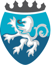 Shield emblem with a silver lion on a blue background, topped with a gray crown.